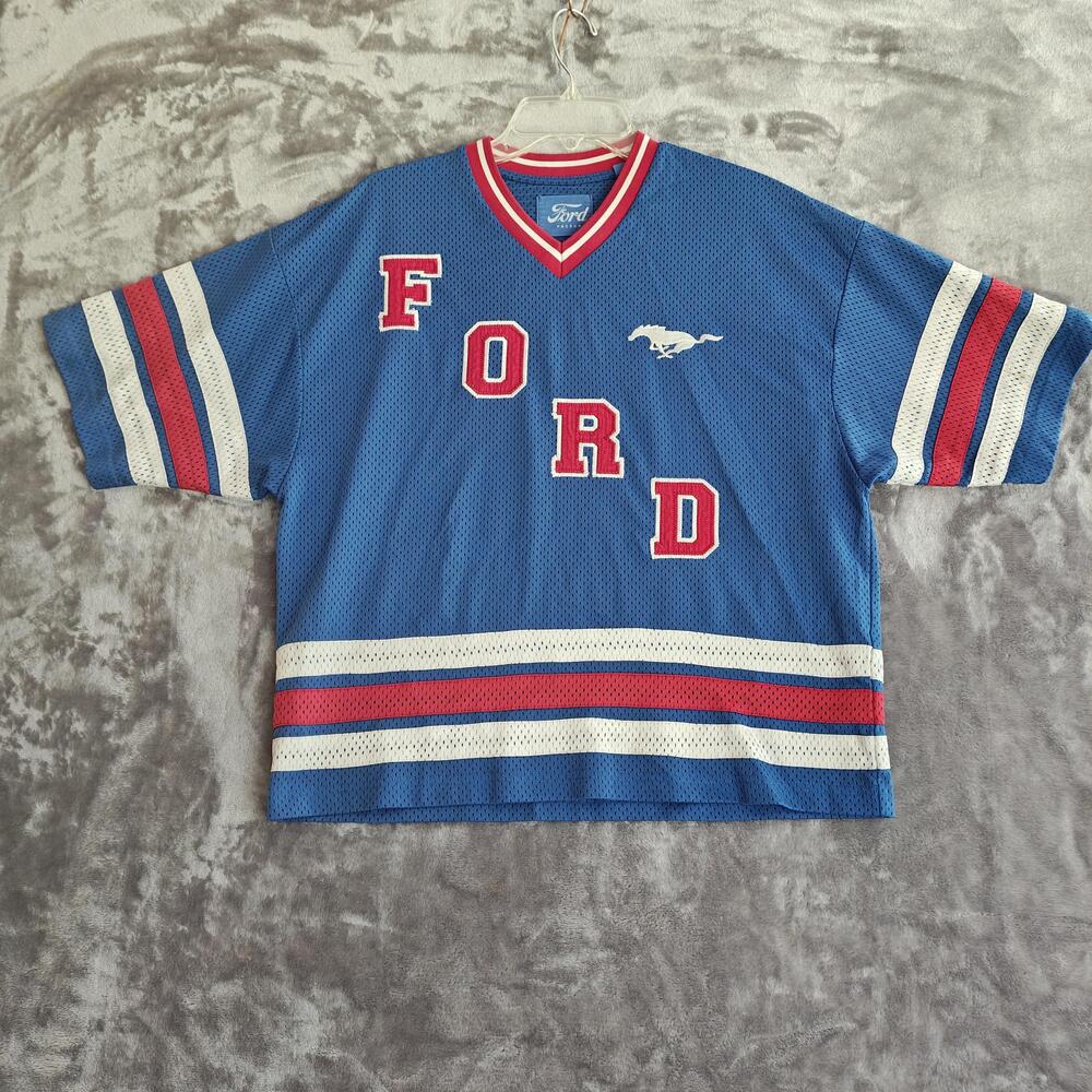 Ford PacSun Mustang Racing Jersey Shirt Mens M Blue Mesh V-Neck Embroidered
